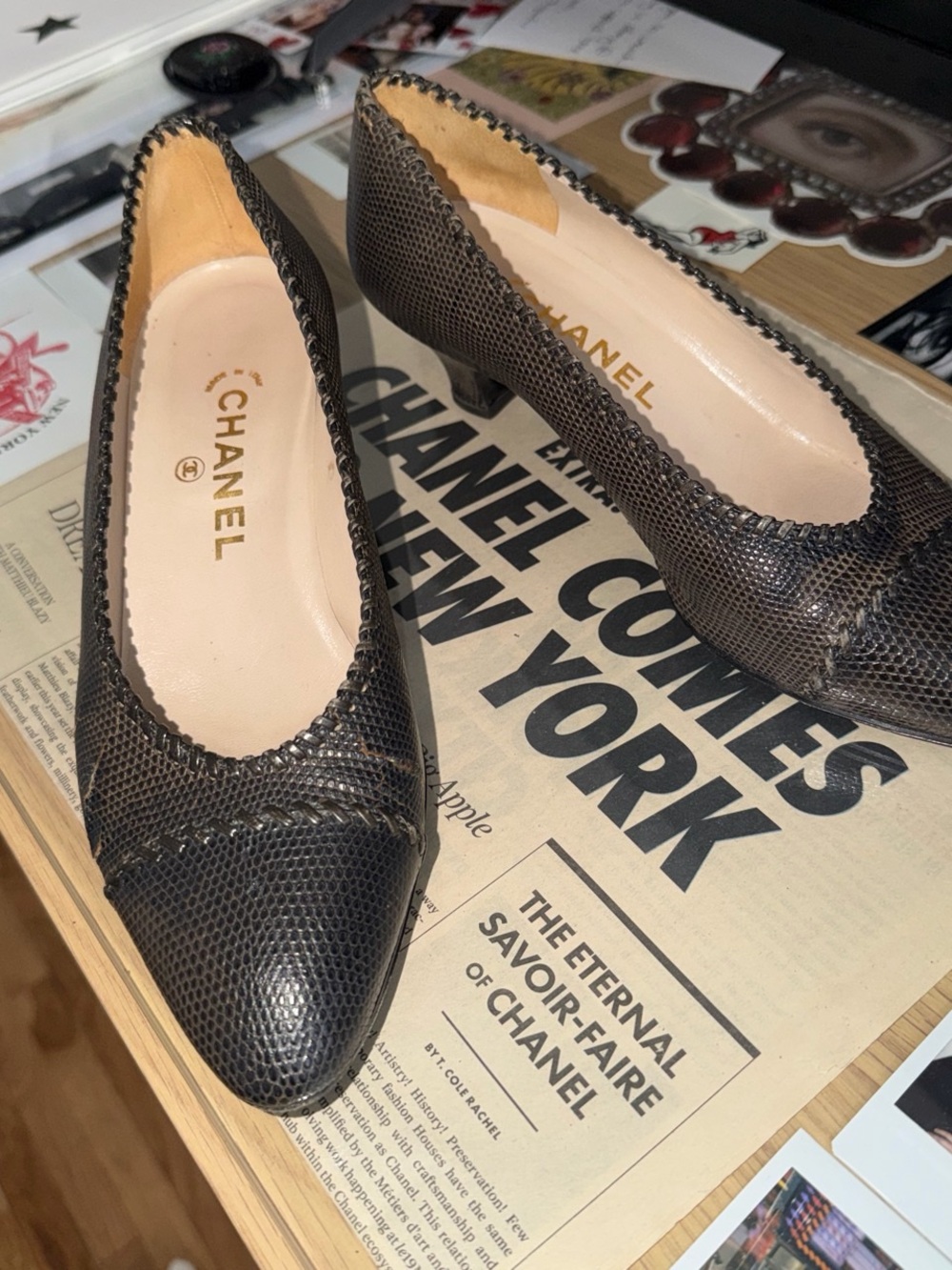 Vintage Chanel Pointed-Toe Kitten Heel Pumps | Lizard-Style Leather | Size 38